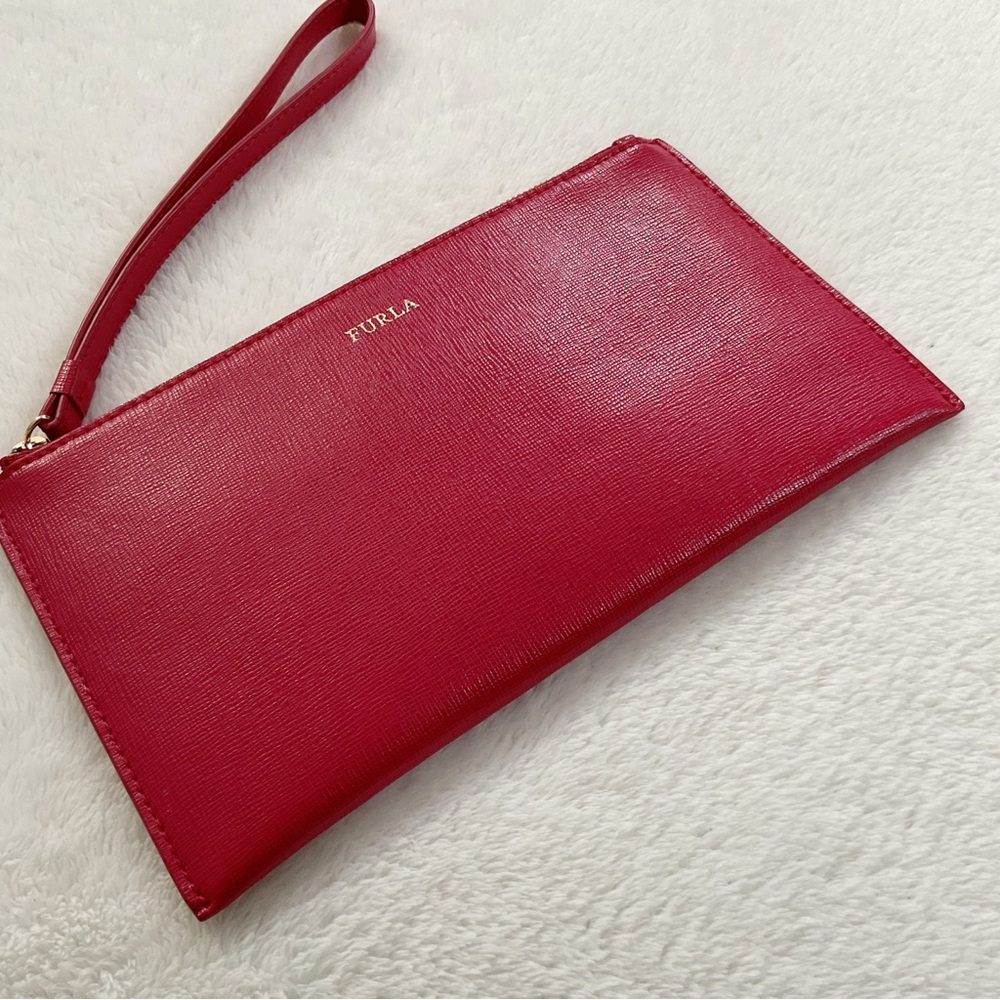 Furla Red Saffiano Leather Wristlet Clutch Wallet Zip Pouch - Picture 2 of 14
